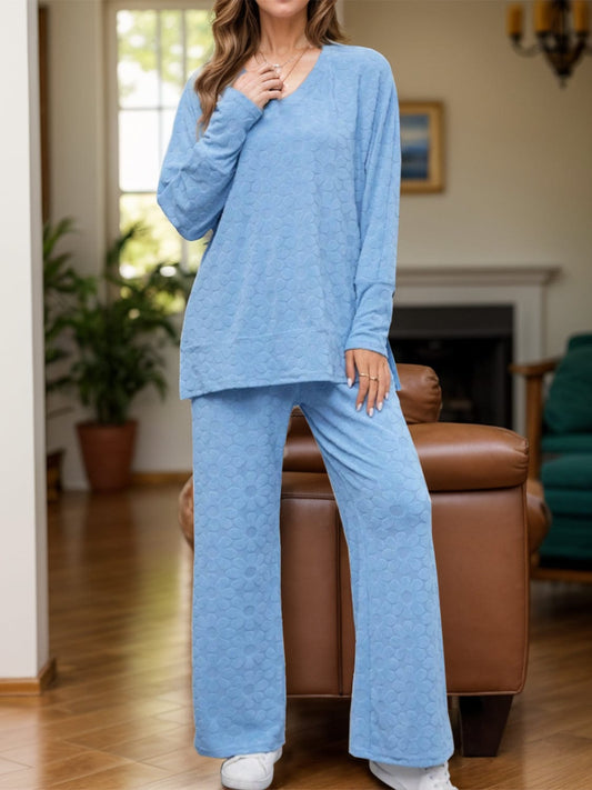 Flower V-Neck Long Sleeve Top and Pants Set - Trendsi