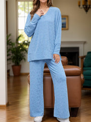 Flower V-Neck Long Sleeve Top and Pants Set - Trendsi