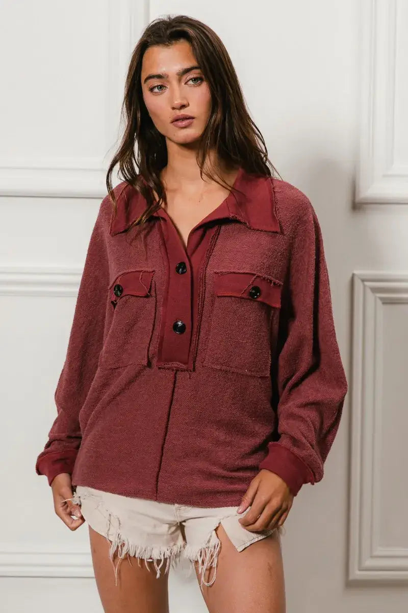 BiBi Cp French Terry Cut Edge Detail Collared Top - Trendsi - Flyclothing LLC