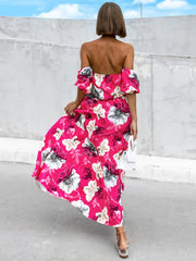 Pleated Floral Off-Shoulder Short Sleeve Midi Dress - Trendsi