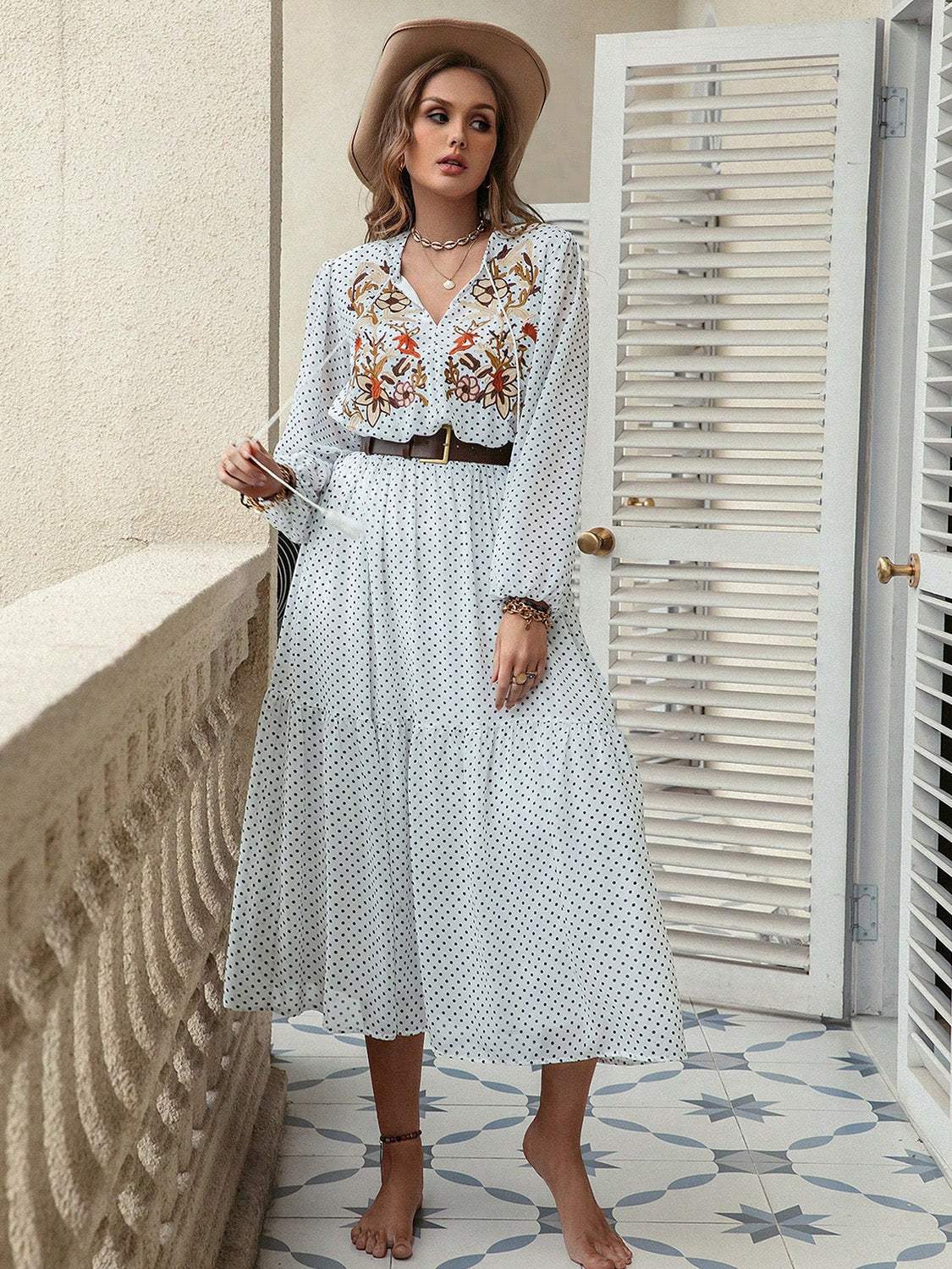 Plus Size Printed Tie Neck Long Sleeve Midi Dress - Trendsi - Flyclothing LLC