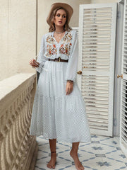Plus Size Printed Tie Neck Long Sleeve Midi Dress - Trendsi