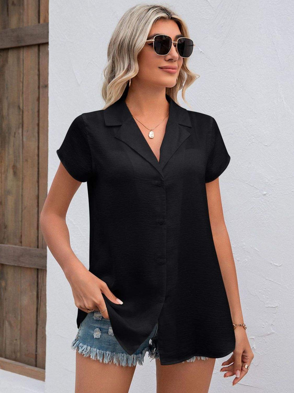 Button Up Collared Neck Short Sleeve Shirt - Trendsi - Flyclothing LLC