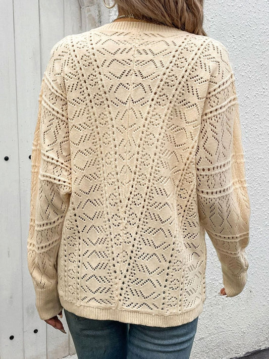 Openwork Button Up Long Sleeve Cardigan - Trendsi
