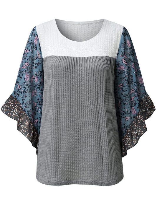 Full Size Printed Round Neck Three-Quarter Sleeve Blouse - Trendsi