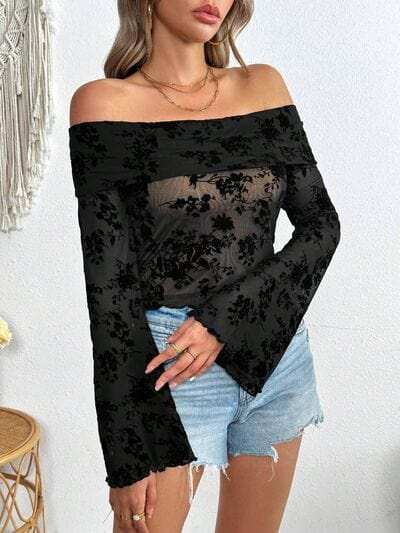 Off-Shoulder Flare Sleeve Lace Top - Trendsi - Flyclothing LLC