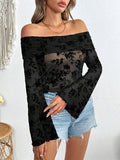 Off-Shoulder Flare Sleeve Lace Top - Trendsi