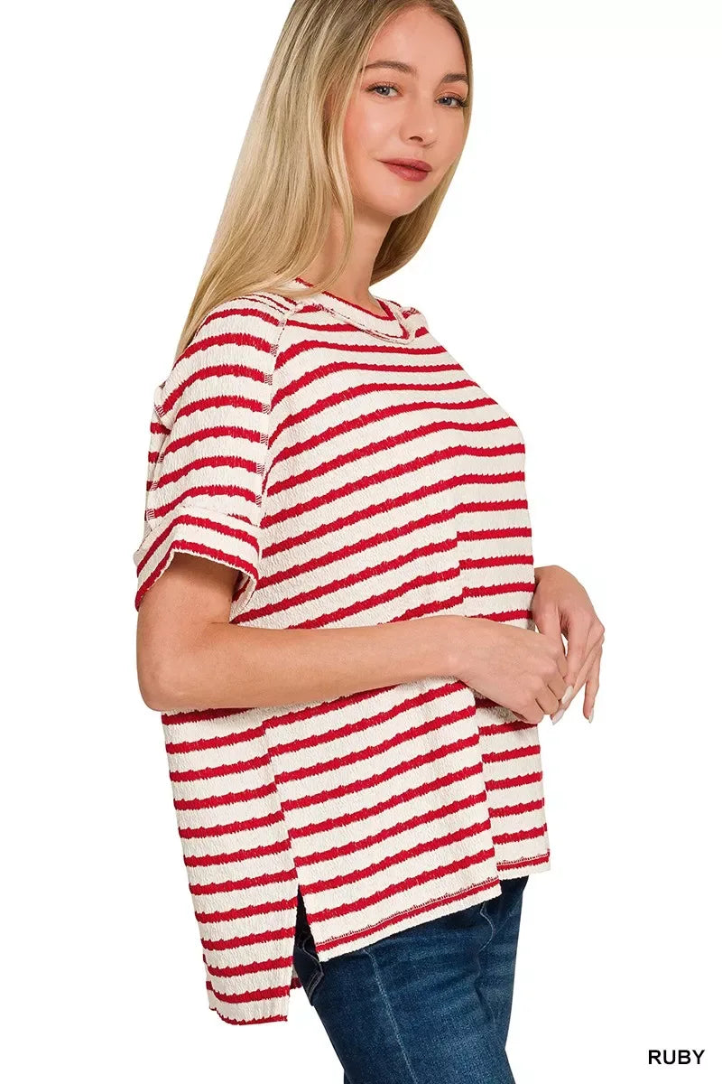 Zenana Stripe Jacquard Round-Meck Tee - Trendsi - Flyclothing LLC