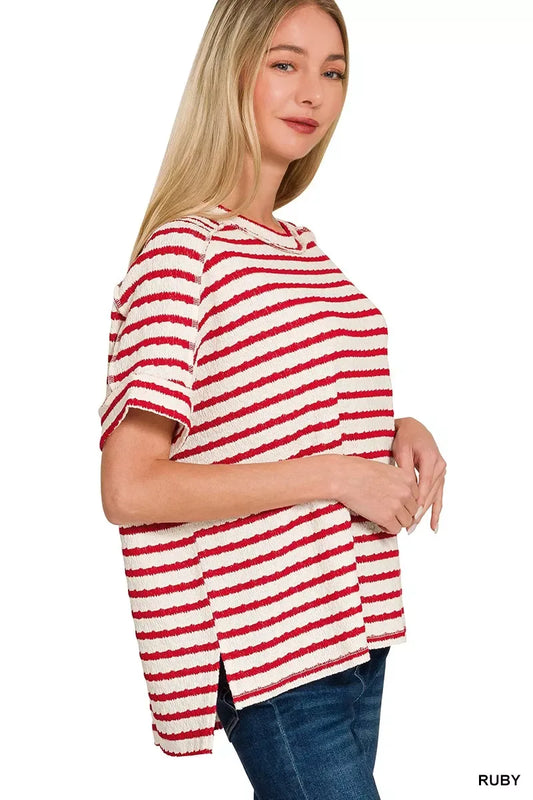 Zenana Stripe Jacquard Round-Meck Tee - Trendsi - Flyclothing LLC