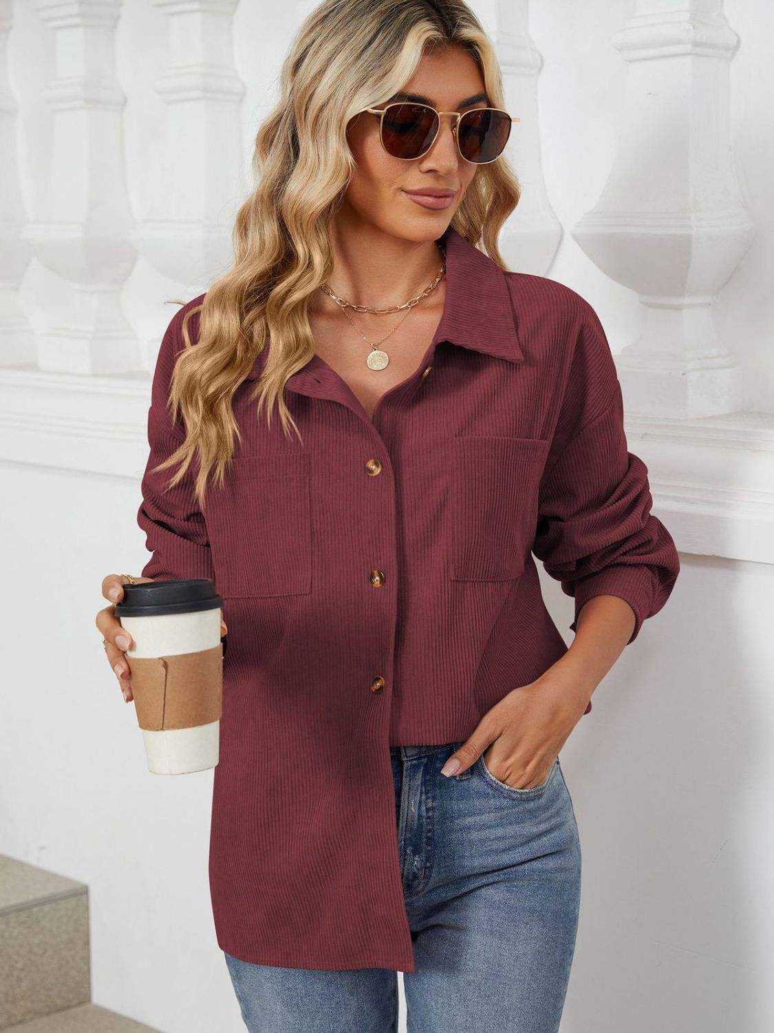 Button Up Dropped Shoulder Long Sleeve Outerwear - Trendsi - Flyclothing LLC