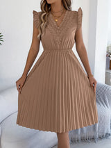 Lace Detail Ruffled Cap Sleeve Pleated Dress - Trendsi - Flyclothing LLC