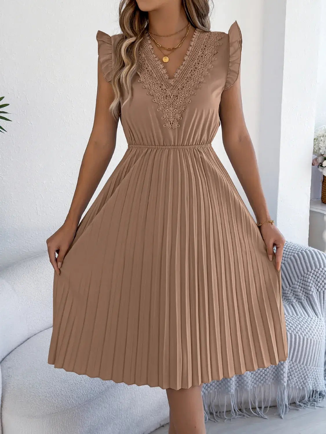 Lace Detail Ruffled Cap Sleeve Pleated Dress - Trendsi - Flyclothing LLC