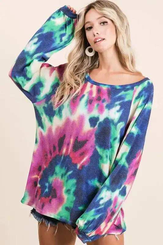 BiBi Tie Dye Print Terry Top with Puff Sleeves - Trendsi - Flyclothing LLC