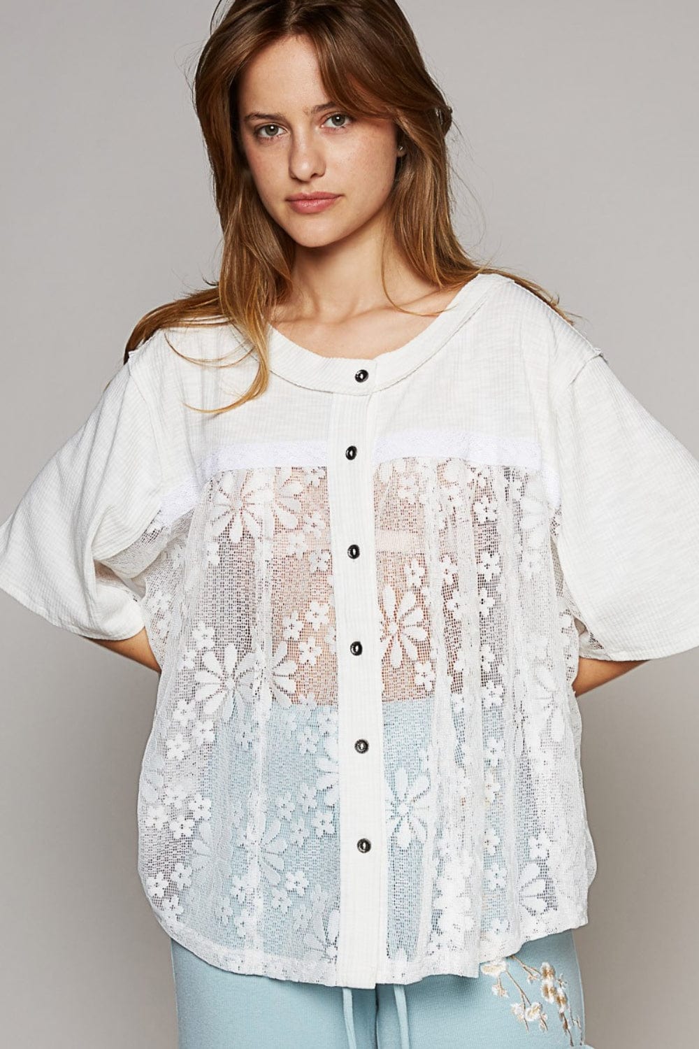 POL Round Neck Short Sleeve Lace Top - Trendsi