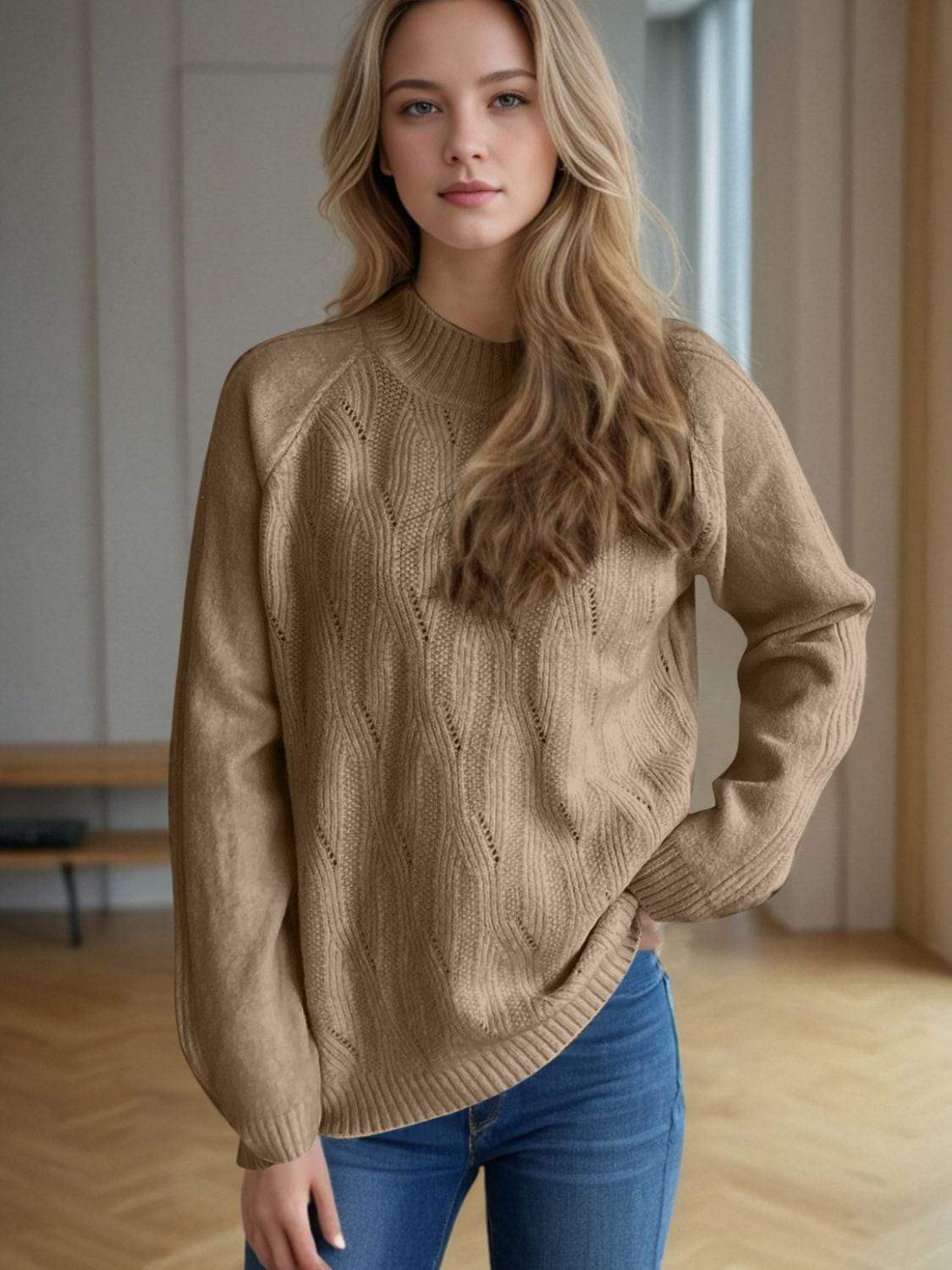 Mock Neck Long Sleeve Sweater - Trendsi - Flyclothing LLC