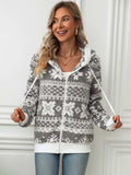 Drawstring Snowflake Zip Up Hooded Outerwear - Trendsi - Flyclothing LLC
