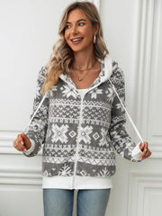 Drawstring Snowflake Zip Up Hooded Outerwear - Trendsi