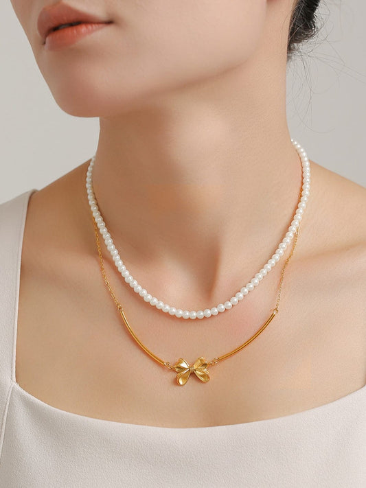 3 Piece Pearl Necklace, Bow Necklace and Stud Earrings Jewelry Set - Trendsi