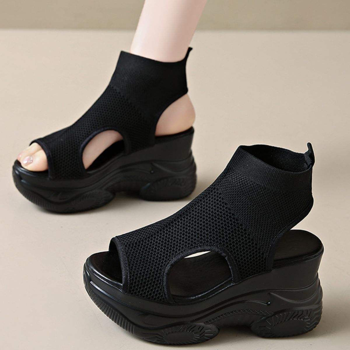 Cutout Mesh Wedge Sandals - Trendsi - Flyclothing LLC