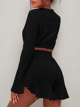 Round Neck Long Sleeve Top and Ruffled Shorts Set - Trendsi - Flyclothing LLC