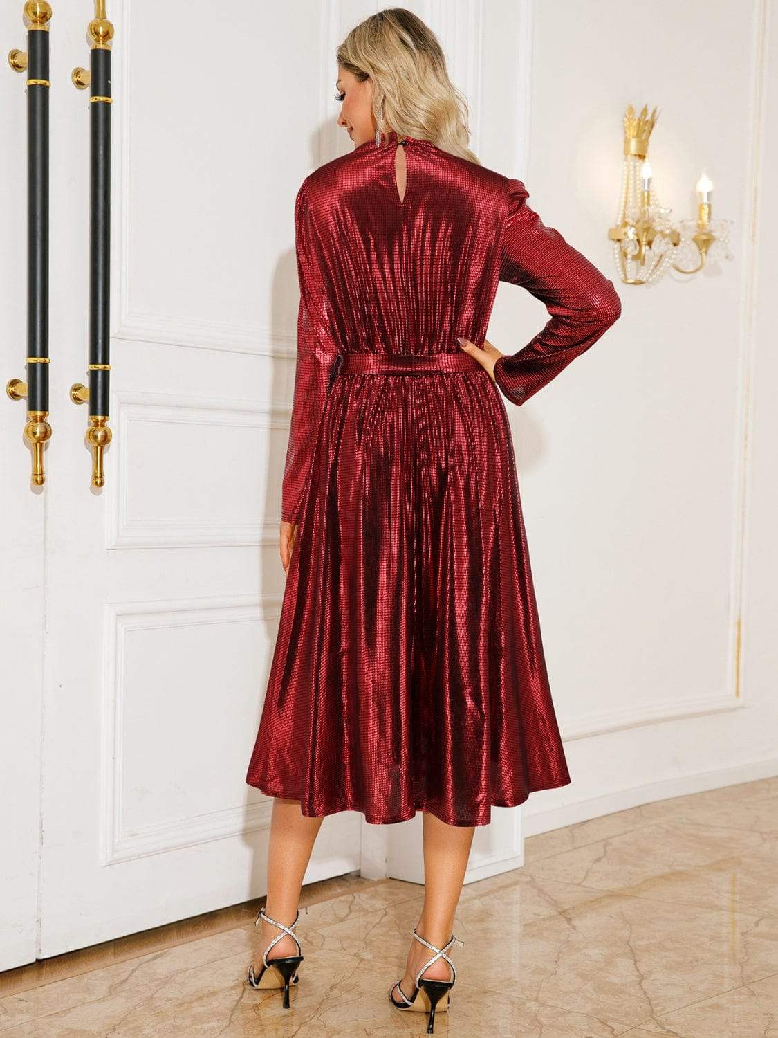 Tie Waist Long Sleeve Midi Dress - Trendsi - Flyclothing LLC