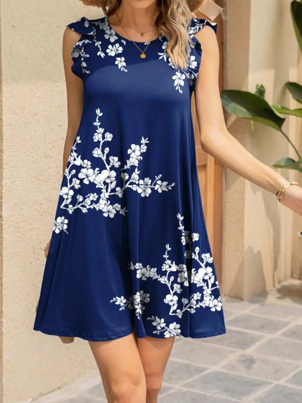 Ruffled Printed Cap Sleeve Mini Dress - Trendsi - Flyclothing LLC