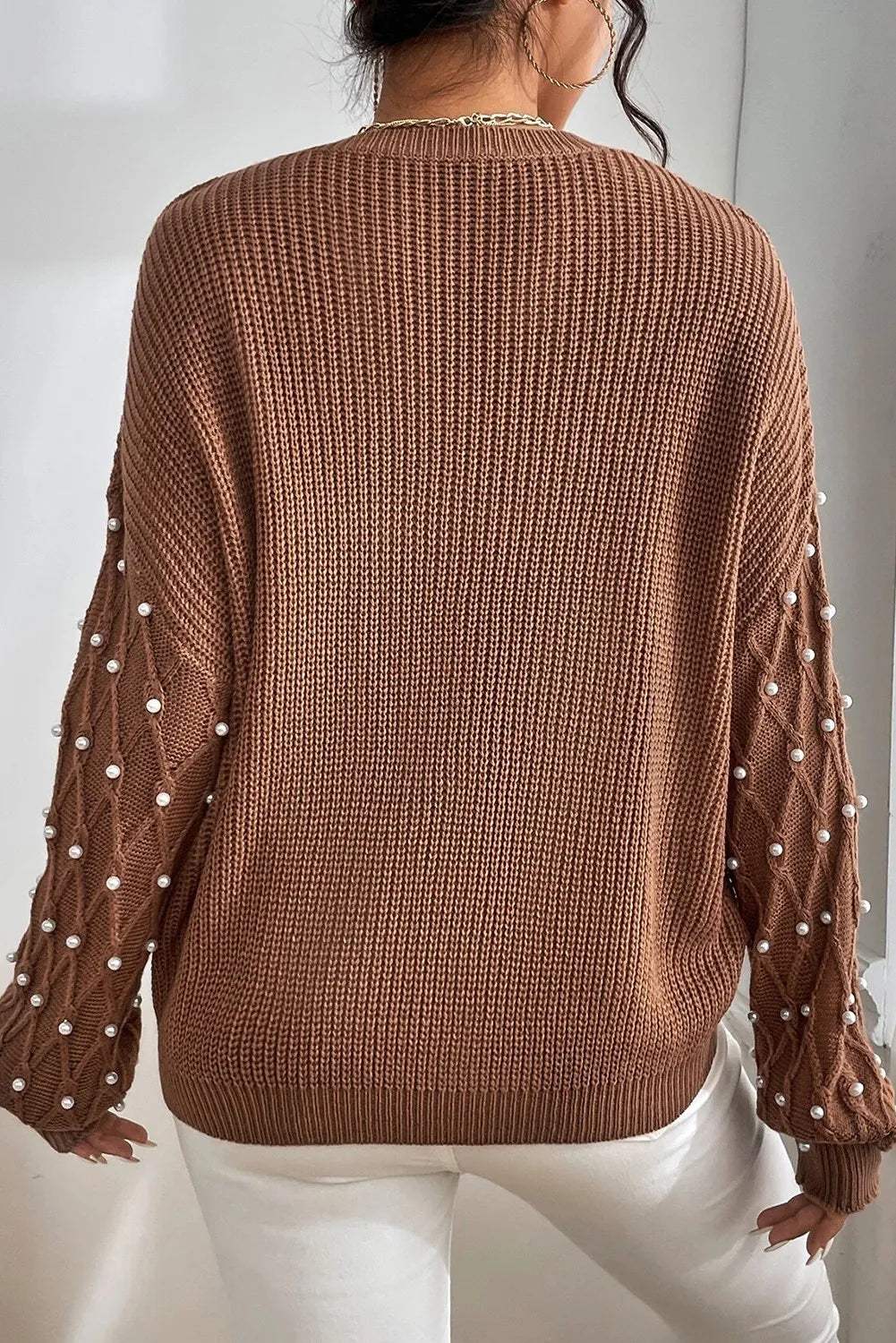 Pearl Detail Round Neck Long Sleeve Sweater - Trendsi - Flyclothing LLC