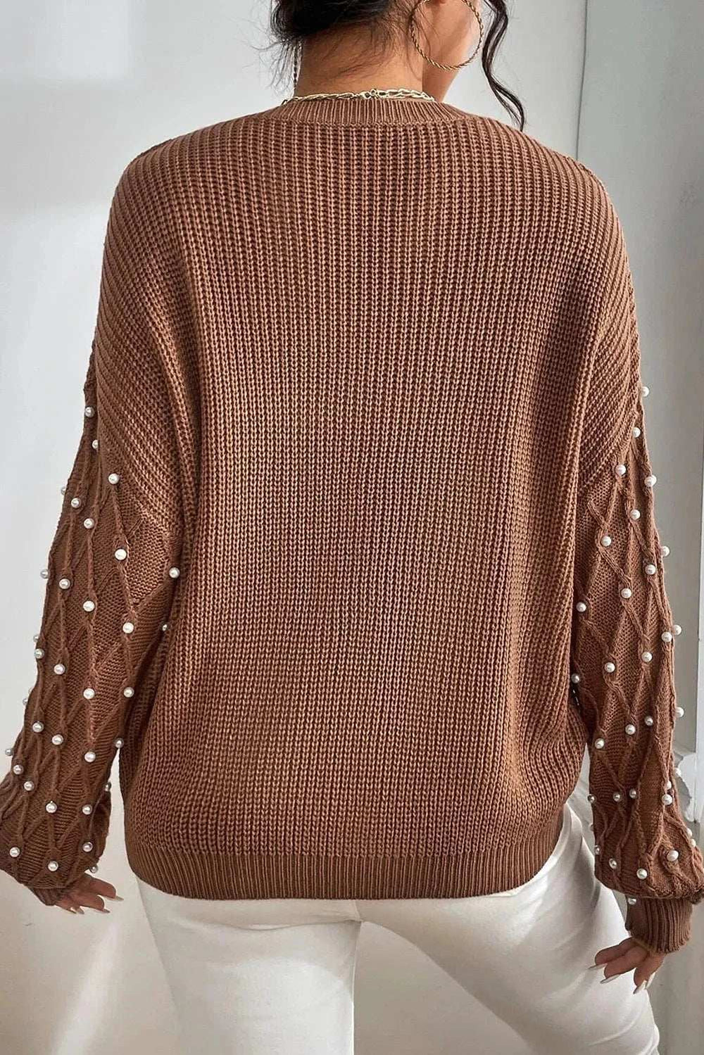 Pearl Detail Round Neck Long Sleeve Sweater - Trendsi - Flyclothing LLC