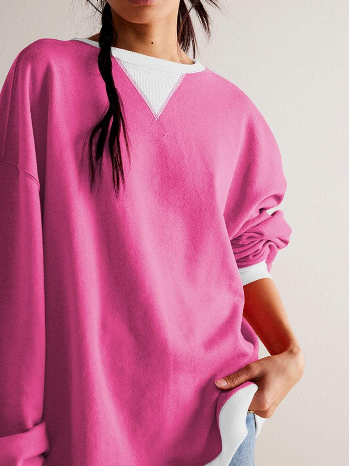 Contrast Trim Round Neck Long Sleeve Sweatshirt - Trendsi - Flyclothing LLC