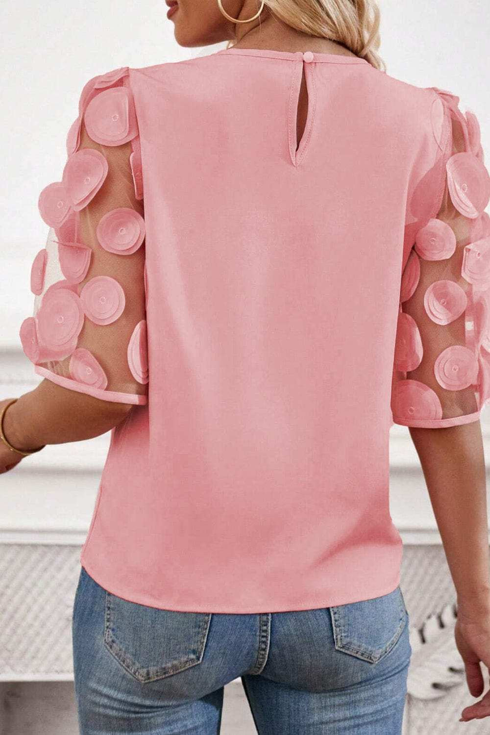 Applique Round Neck Half Sleeve Blouse - Trendsi - Flyclothing LLC