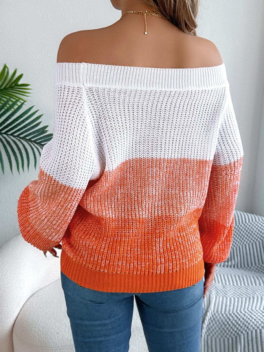 Color Block Off-Shoulder Long Sleeve Sweater - Trendsi - Flyclothing LLC