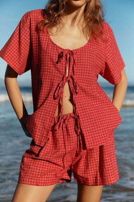 Plaid Tied Scoop Neck Short Sleeve Top and Drawstring Shorts Set - Trendsi