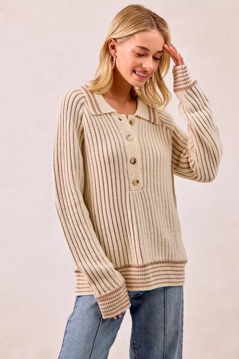 BiBi Half Button Ribbed Two Tone Sweater - Trendsi - Flyclothing LLC