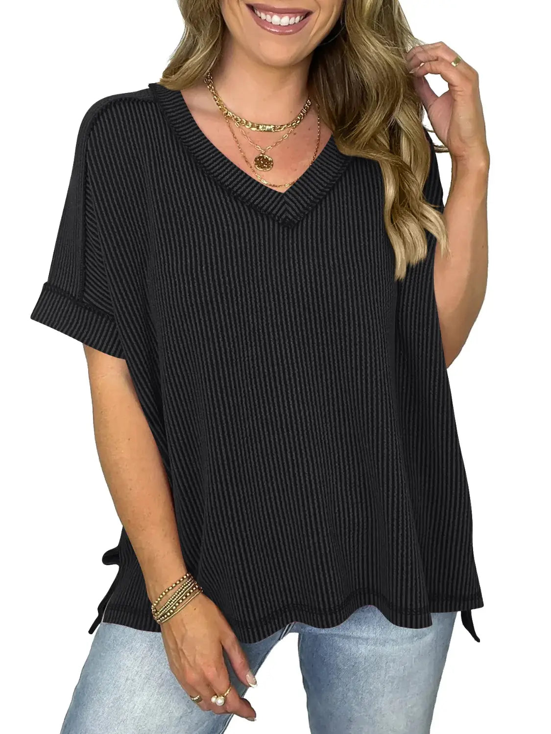 Cord Ribbed V-Neck Short Sleeve T-Shirt - Trendsi - Flyclothing LLC