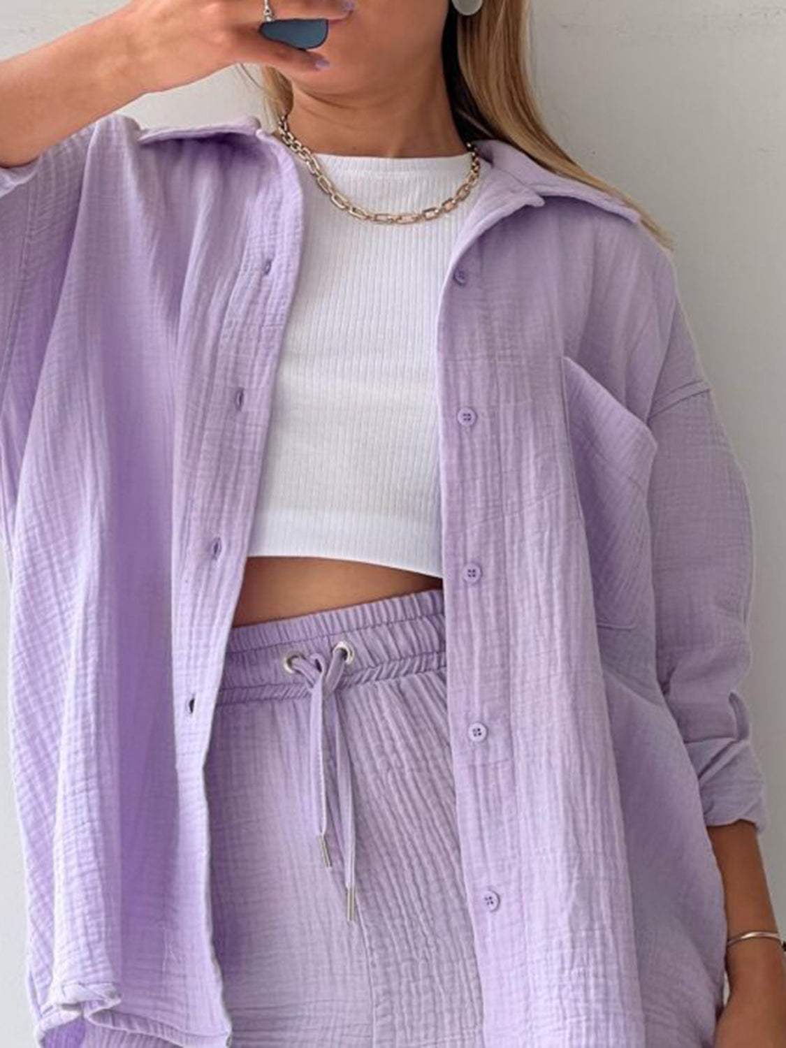 Texture Button Up Shirt and Drawstring Shorts Set - Trendsi - Flyclothing LLC