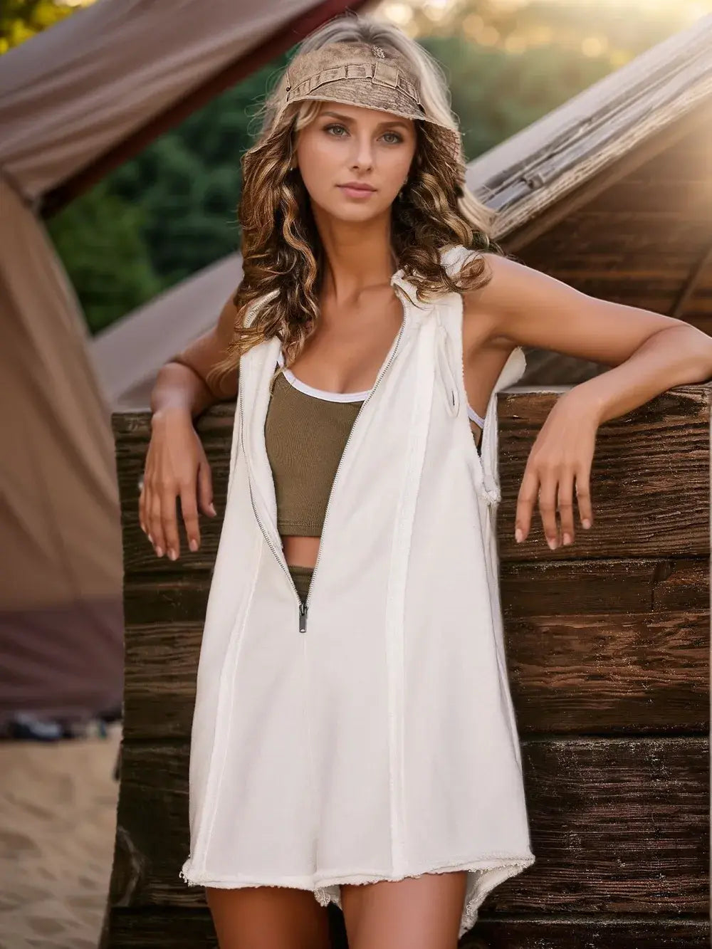Half Zipped Hooded Sleeveless Romper - Trendsi - Flyclothing LLC