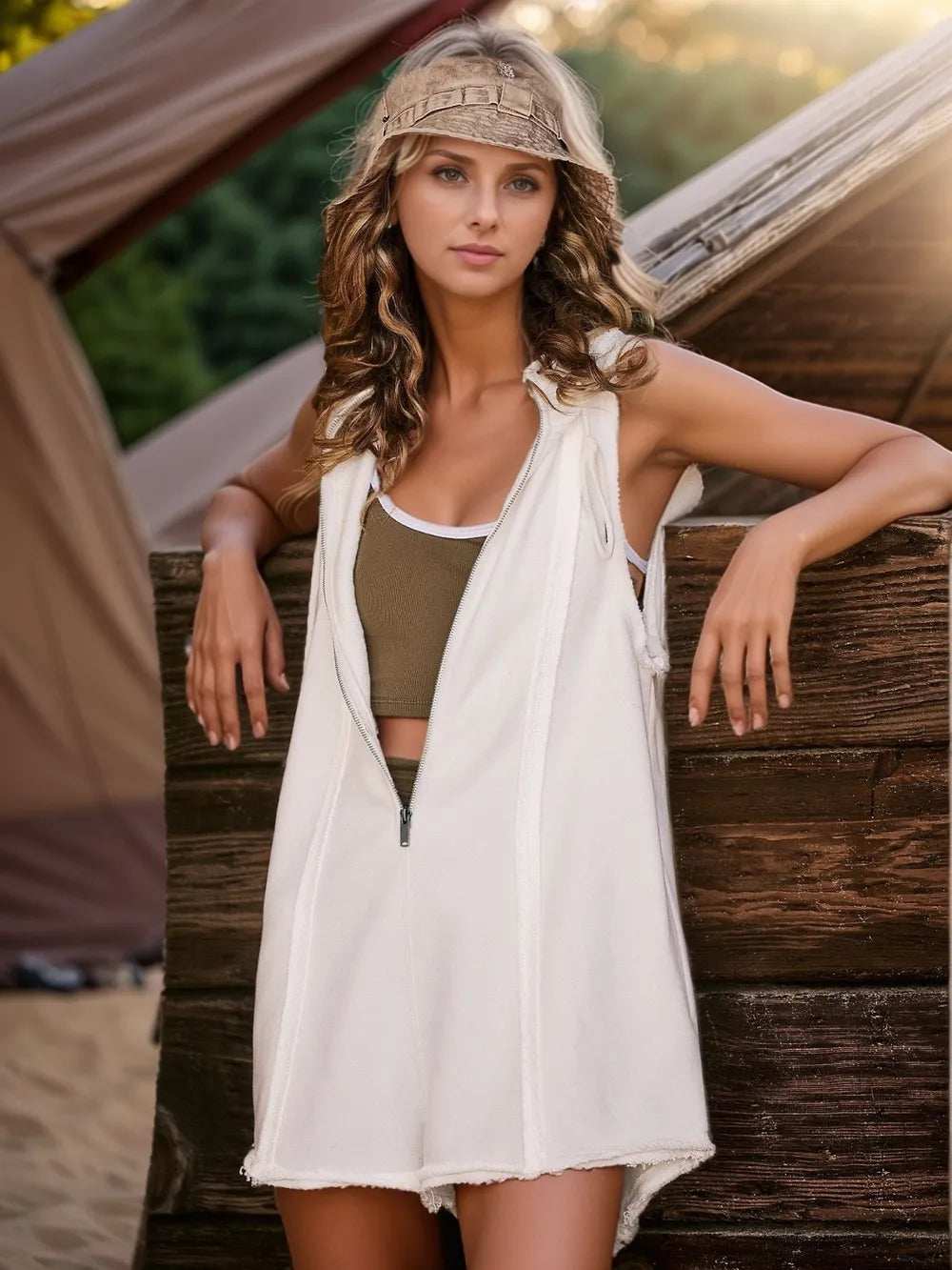 Half Zipped Hooded Sleeveless Romper - Trendsi - Flyclothing LLC