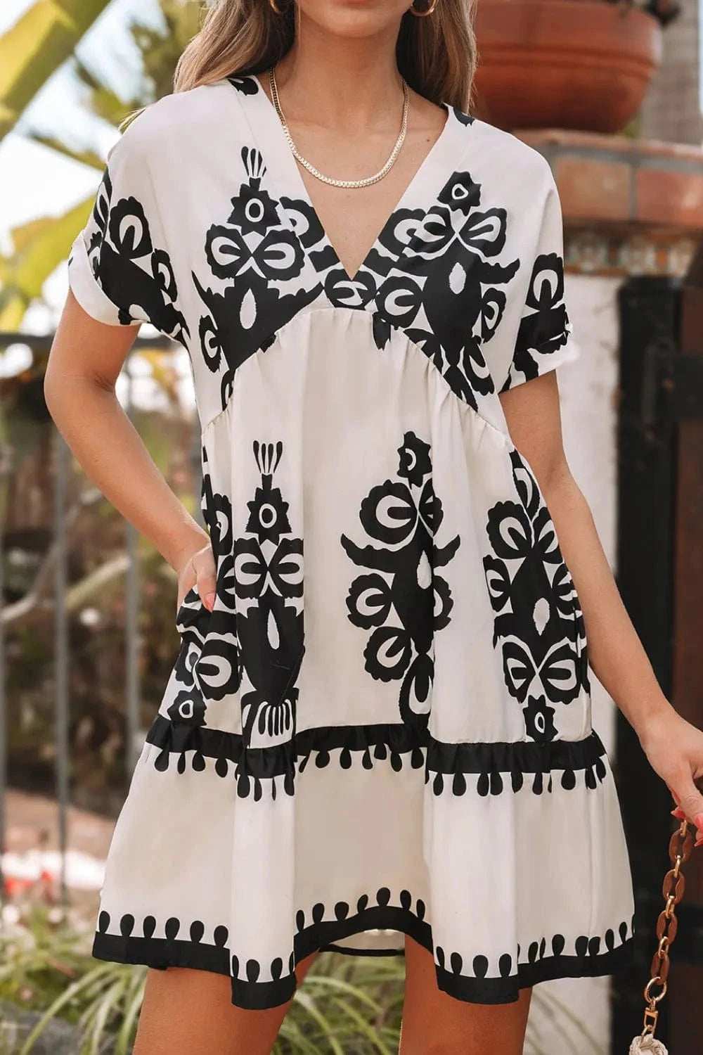 Printed V-Neck Short Sleeve Dress - Trendsi - Flyclothing LLC