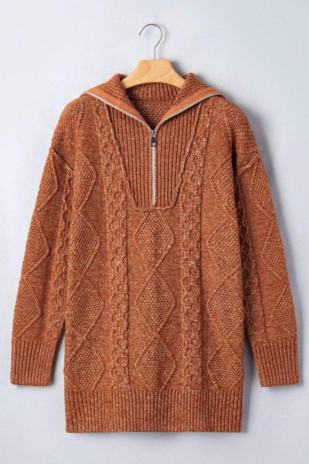 Zip-Up Cable Knit Drop Shoulder Sweater Dress - Trendsi - Flyclothing LLC