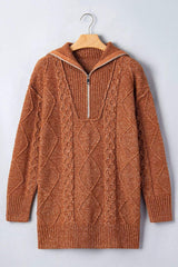 Zip-Up Cable Knit Drop Shoulder Sweater Dress - Trendsi - Flyclothing LLC