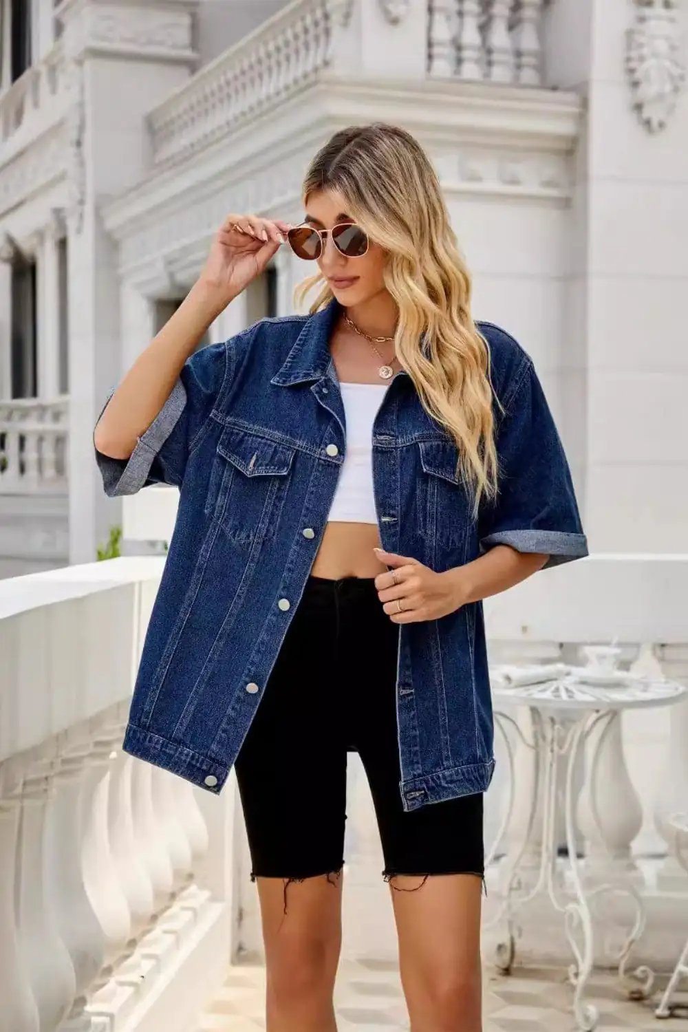 Button Down Half Sleeve Denim Jacket - Trendsi