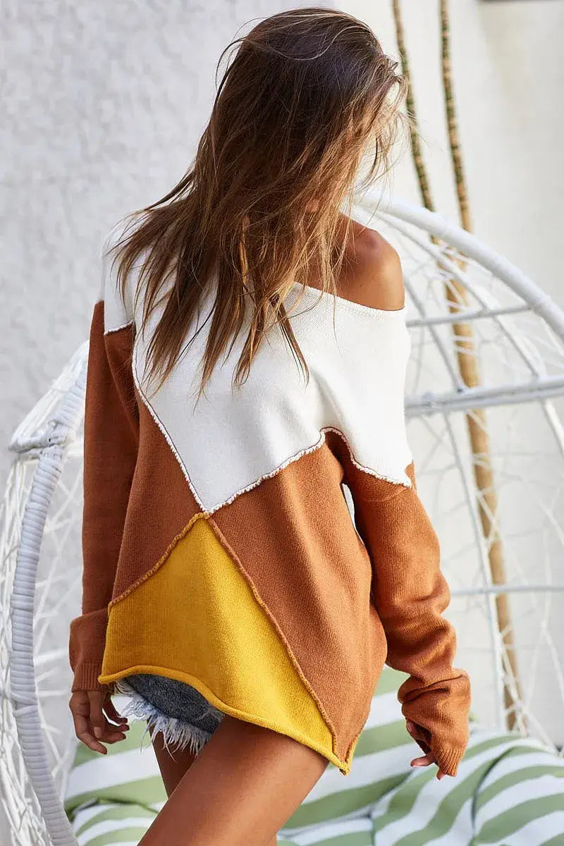 BiBi Color Block Geometric Sweater - Trendsi - Flyclothing LLC