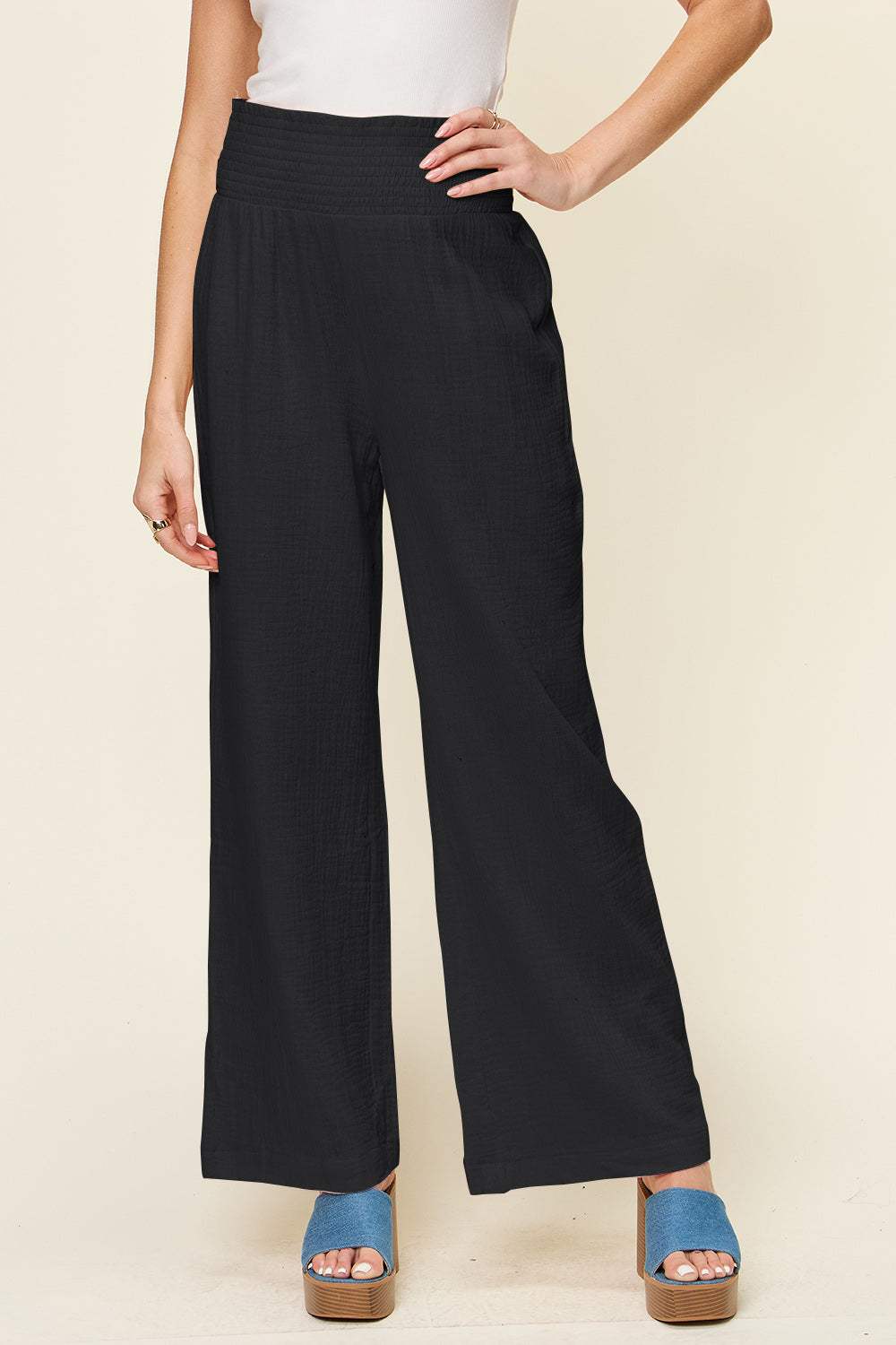 Double Take Full Size Texture Smocked Waist Wide Leg Pants - Trendsi - Flyclothing LLC