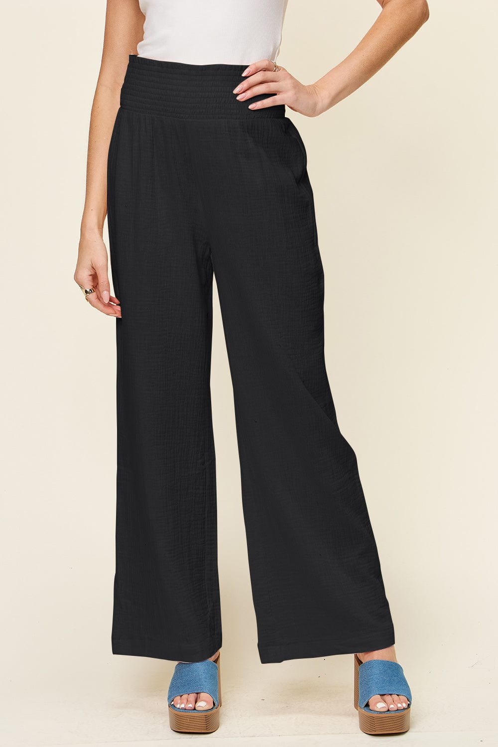Double Take Full Size Texture Smocked Waist Wide Leg Pants - Trendsi
