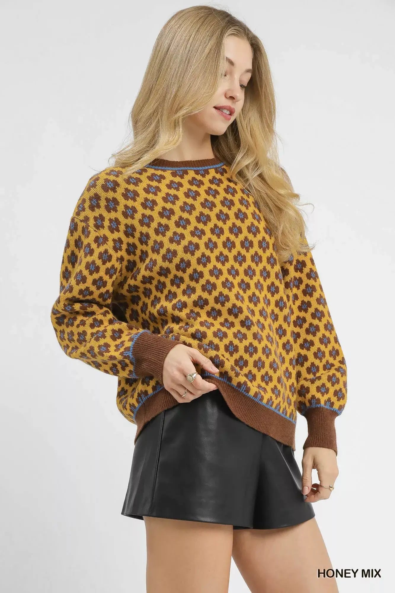 Umgee Abstract Print Crew Neck Sweater - Trendsi - Flyclothing LLC