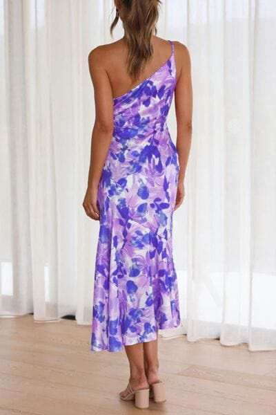 Ruched Printed Single Shoulder Midi Dress - Trendsi - Flyclothing LLC