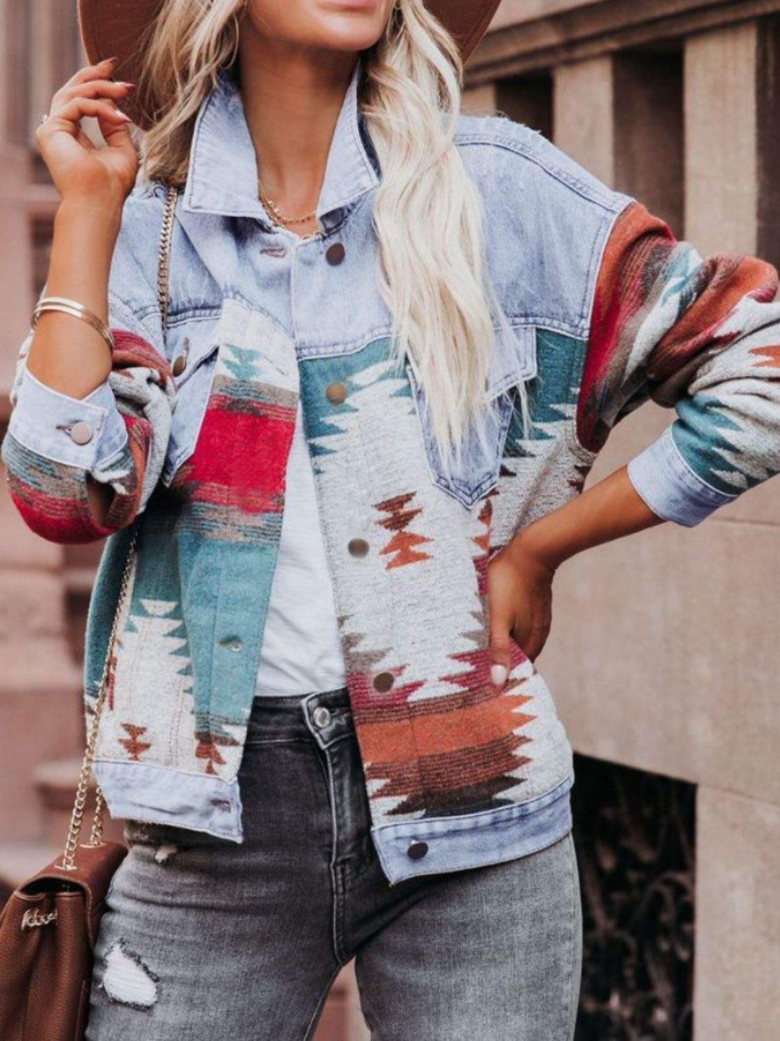 Geometric Button Up Long Sleeve Denim Jacket - Trendsi - Flyclothing LLC