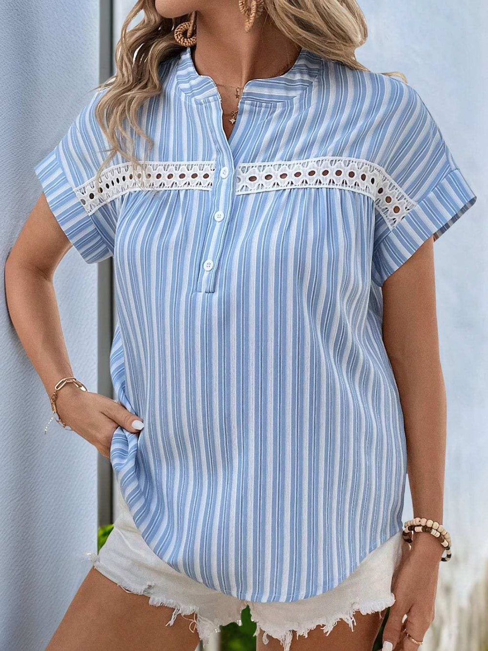 Perfee Half Button Striped Short Sleeve Blouse - Trendsi - Flyclothing LLC
