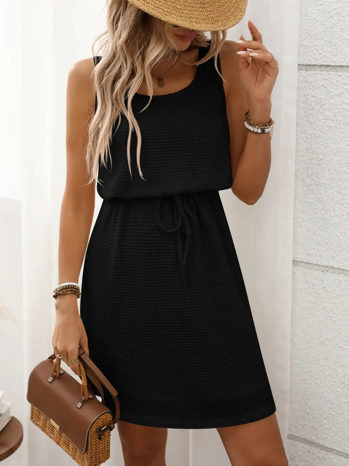 Waffle-Knit Drawstring Mini Tank Dress - Trendsi - Flyclothing LLC