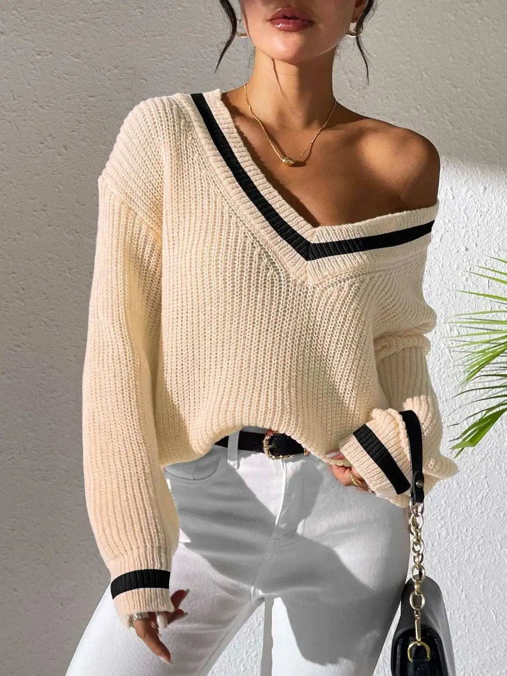 Contrast Trim V-Neck Long Sleeve Sweater - Trendsi - Flyclothing LLC